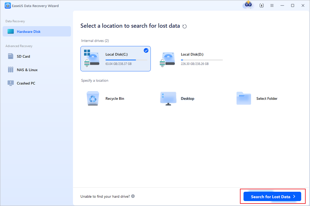 selecciona la ubicación para buscar archivos borrados