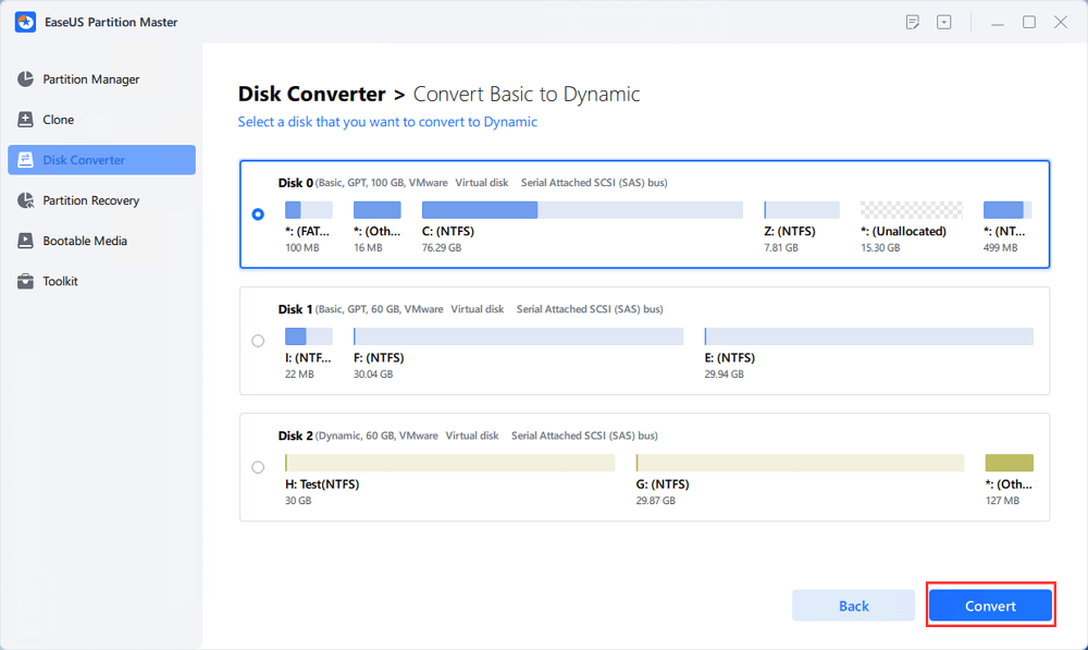 choose the first disk and convert to dynamic